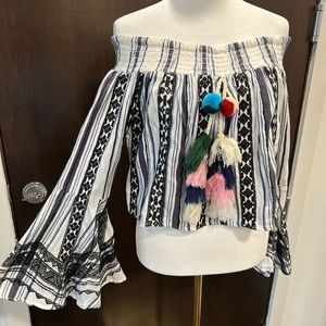 Red Carter Off The Shoulder Smock Long Sleeve Blouse With Tassel